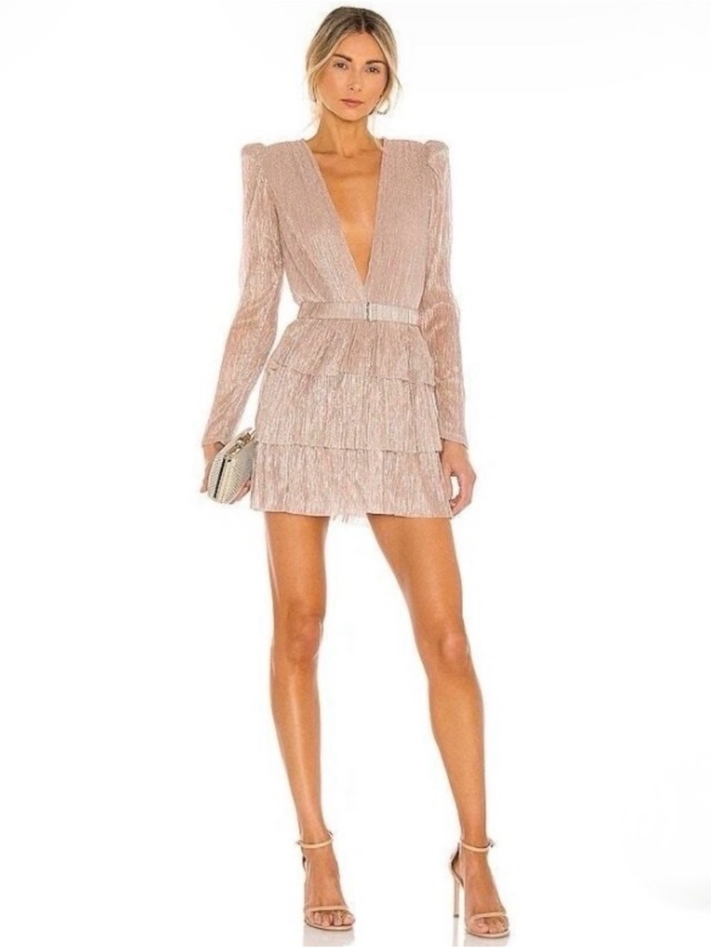 Sabina Musayev x Revolve Carry Tiered V-Neck Long-Sleeve Mini Dress Blush Sz M